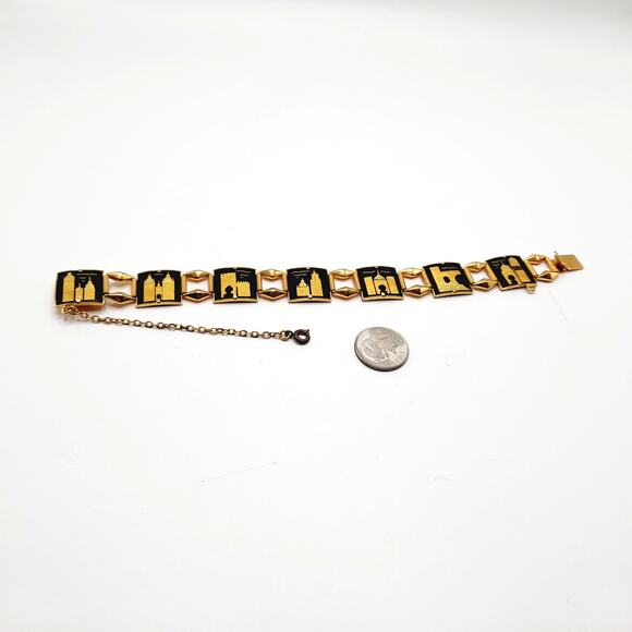 Vintage Damascene Castle Link Bracelet, Spanish Gold Black Jewelry, 7 Inch Chain - Picture 12 of 12